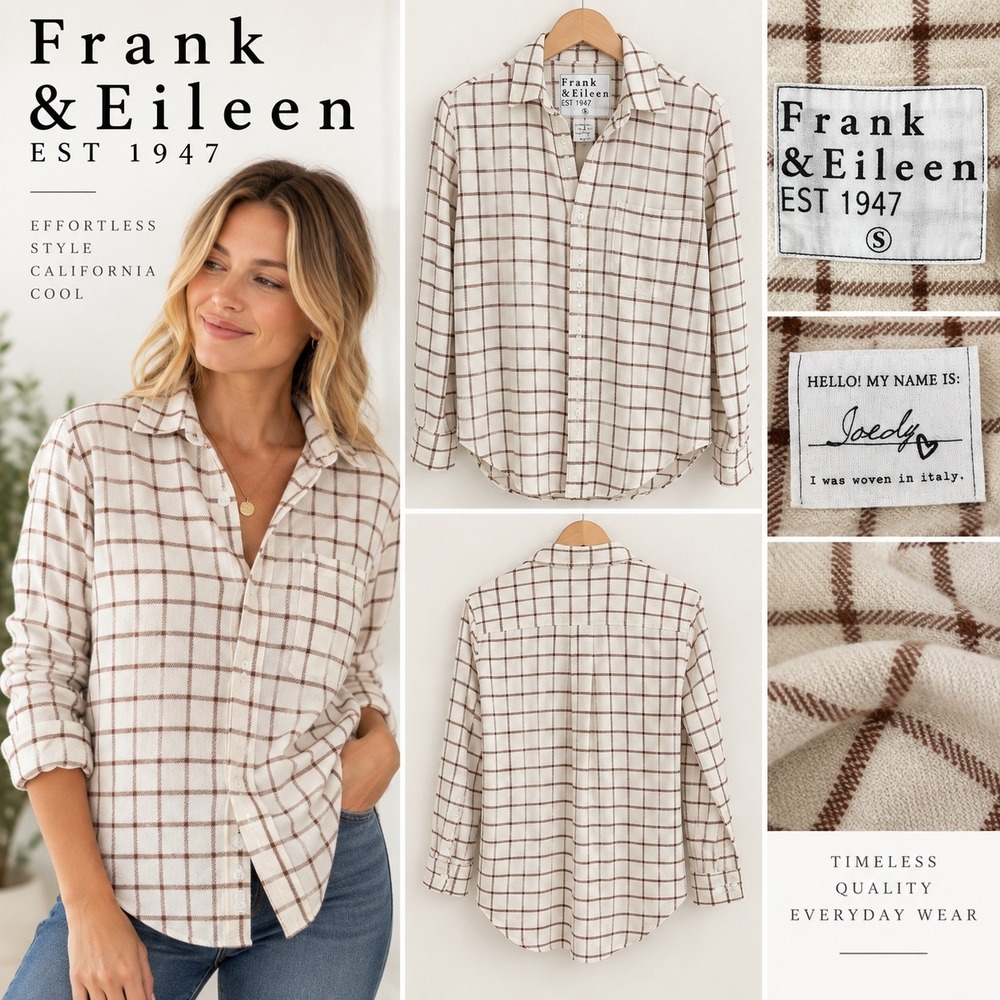 Frank & Eileen Joedy Plaid Cotton Flannel Button Up Shirt Brown Cream Size S